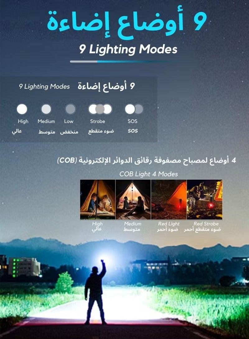NIBEMINENT Camping Flashlight | 9 Modes High Lumen Waterproof Shockproof Flashlight | 1500m Zoomable 30W LED 10000 Lumen Camping Accessory | 5000mAh Rechargeable Battery for up to 10 Hours | Magnetic Base with COB Side Light for Multiple Uses - Image 2