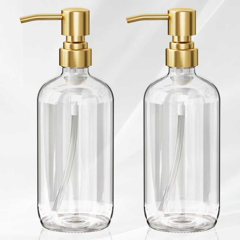 AmazerBath Soap Dispenser, 2 Pack Glass Soap Dispenser with Pump Stainless Steel, 17 Oz Clear Gold Hand Soap Dispensers for Bathroom and Kitchen - Image 1