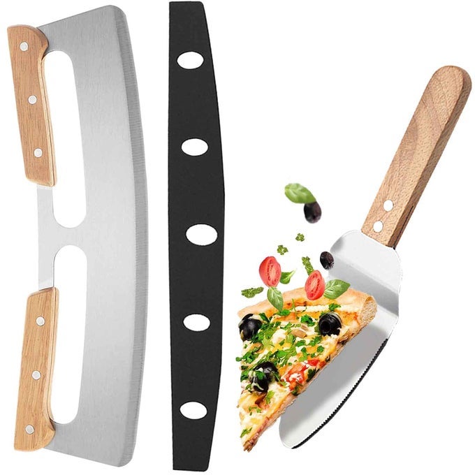 PIZZA CUTTER LARGE METAL PIZZA SLICER WITH PROTECTIVE COVER WOODEN HANDLE CAKE SERVER SHOVEL STAINLESS STEEL KITCHEN SET OVEN ACCESSORIES TOOLS FOR HOMEMADE BAKING DOUGH BREAD BBQ 14 INCH