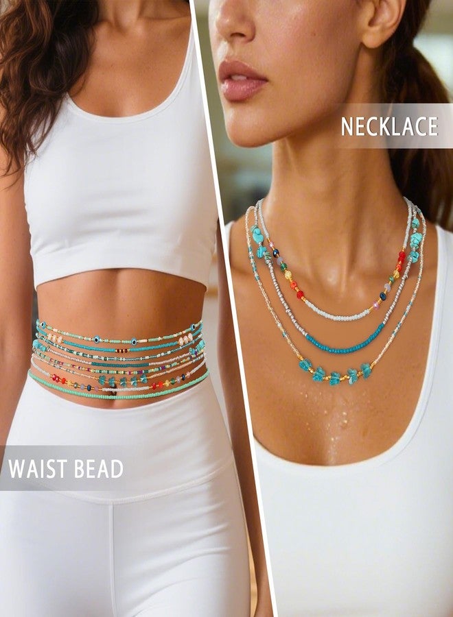 ELABEST Adjustable Handmade Waist Beads Stretchy 23-52 inch 8Pcs Chakra Yoga Body Belly Beaded Women Waist, Anklet, Bracelet, Necklace Jewelry with Screw clasp (Cyan, 31.5inch/80cm) - Image 2