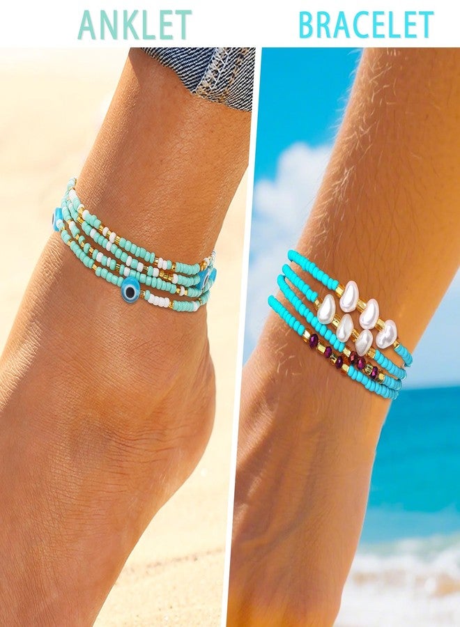 ELABEST Adjustable Handmade Waist Beads Stretchy 23-52 inch 8Pcs Chakra Yoga Body Belly Beaded Women Waist, Anklet, Bracelet, Necklace Jewelry with Screw clasp (Cyan, 31.5inch/80cm) - Image 3