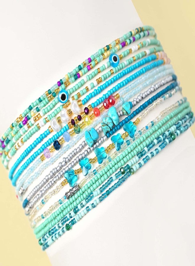 ELABEST Adjustable Handmade Waist Beads Stretchy 23-52 inch 8Pcs Chakra Yoga Body Belly Beaded Women Waist, Anklet, Bracelet, Necklace Jewelry with Screw clasp (Cyan, 31.5inch/80cm) - Image 4