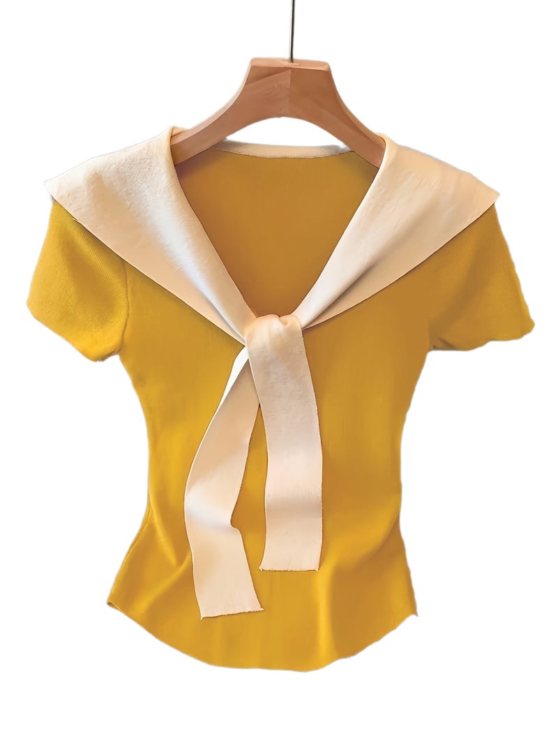 European and American Spring\u002FSummer Women's Fashion Color - Block 2 - in - 1 Look V - Neck Slim - Fit Crop Top with Tie - Yellowish-brown / S - Image 1