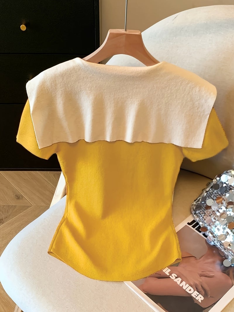 European and American Spring\u002FSummer Women's Fashion Color - Block 2 - in - 1 Look V - Neck Slim - Fit Crop Top with Tie - Yellowish-brown / S - Image 2