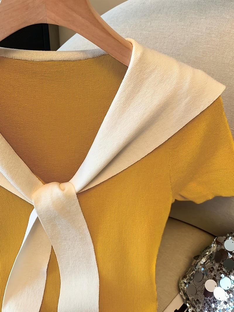 European and American Spring\u002FSummer Women's Fashion Color - Block 2 - in - 1 Look V - Neck Slim - Fit Crop Top with Tie - Yellowish-brown / S - Image 3