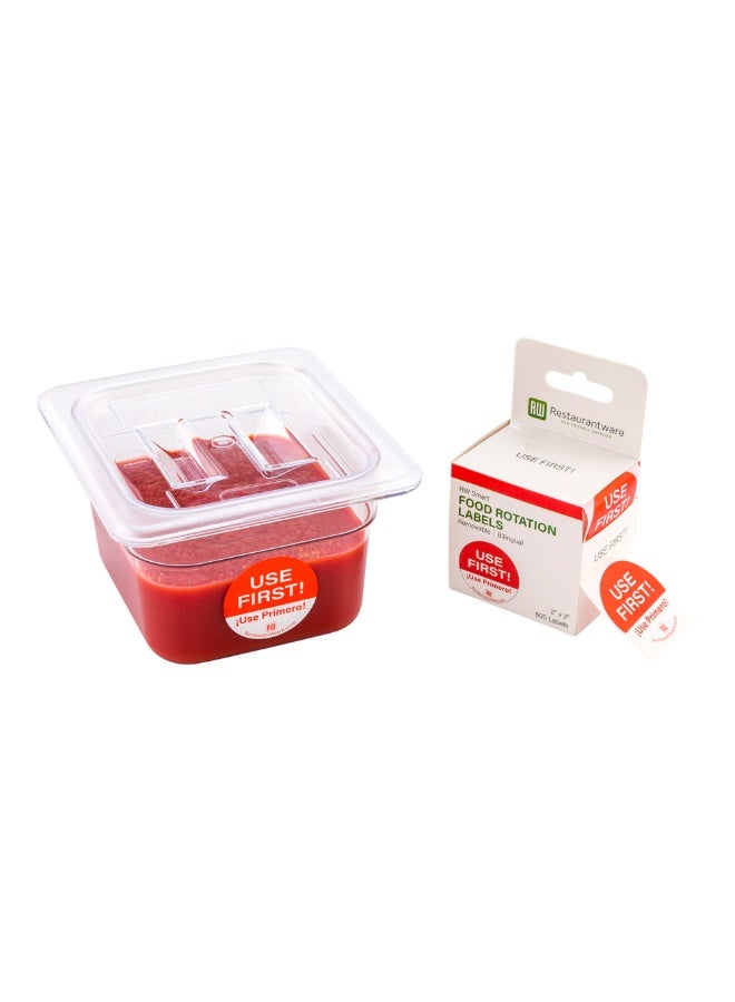 Restaurantware RW Smart 2 Inch x 2 Inch Food Rotation Labels, 500 Removable Food Safety Labels - Bilingual, Sustainable, Circular, Red Paper Shelf Life Labels, For Food Storage Or Prep  - Image 1