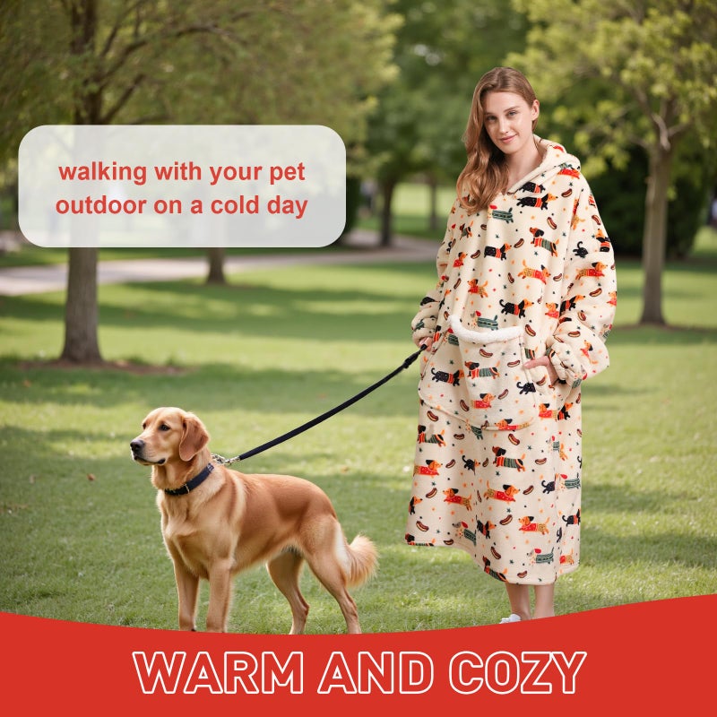 Fiosnow Wearable Blanket Gift for Women & Men Sherpa Flannel Blanket Hoodie Long Warm and Cozy Blanket with Giant Pocket,Dachshund Printed - Image 2
