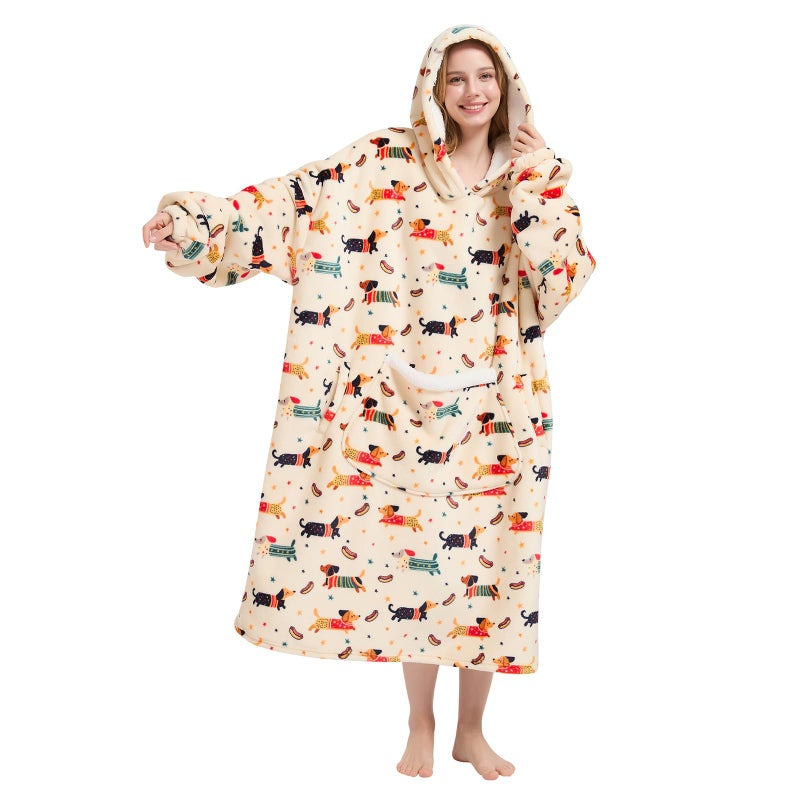 Fiosnow Wearable Blanket Gift for Women & Men Sherpa Flannel Blanket Hoodie Long Warm and Cozy Blanket with Giant Pocket,Dachshund Printed - Image 1