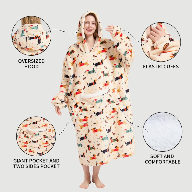 Fiosnow Wearable Blanket Gift for Women & Men Sherpa Flannel Blanket Hoodie Long Warm and Cozy Blanket with Giant Pocket,Dachshund Printed - Image 3