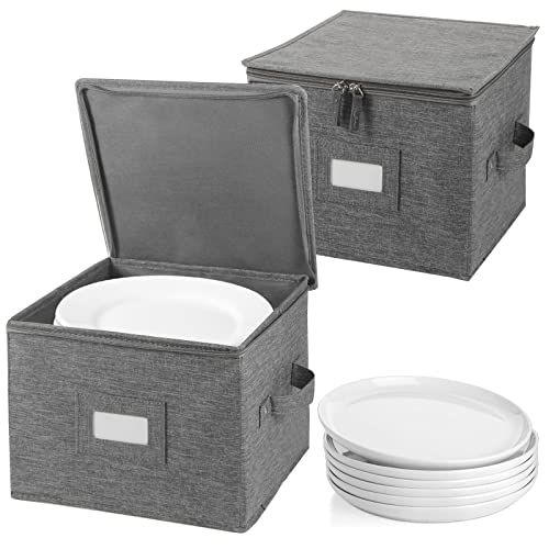 popoly China Storage Containers Hard Shell Inside 10" W x 8" H, Salad Plate Storage Containers for Dishes, Dinnerware with 24 Felt Dividers, Hold 24 Plates, Foldable and Stackable (2 Pack Grey) - Image 1