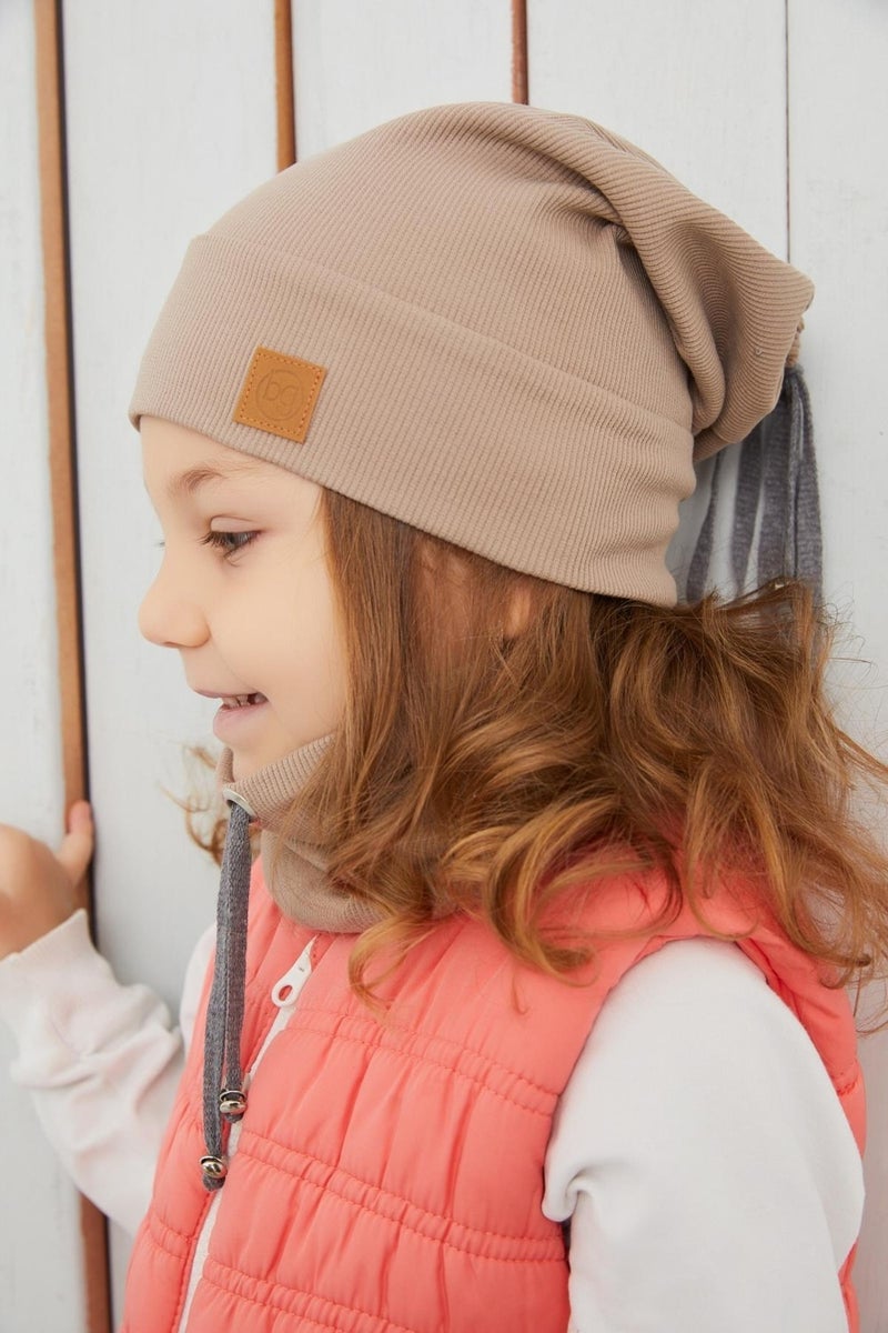 Babygiz Girl's Brown String Hat Beanie Neck Collar Set Cotton Camisole  - Image 1