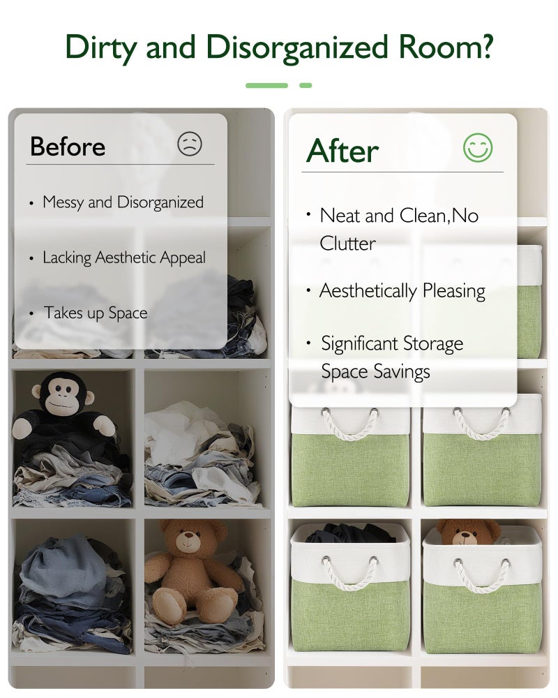Patvingot 11 Inch Cube Storage Bins, 6 Pack Fabric Storage Cubes with Rope Handles, Organizer Baskets for Closet Shelves, Clothes and Home Organization(White/Green) - Image 5