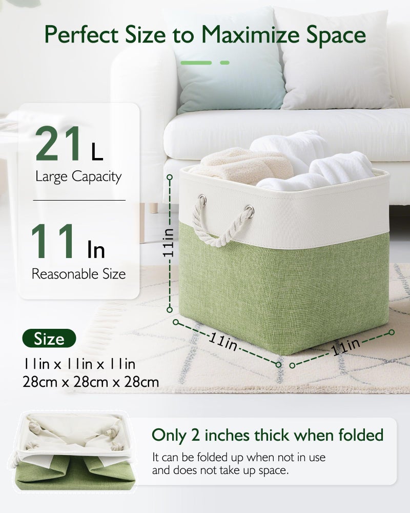 Patvingot 11 Inch Cube Storage Bins, 6 Pack Fabric Storage Cubes with Rope Handles, Organizer Baskets for Closet Shelves, Clothes and Home Organization(White/Green) - Image 2