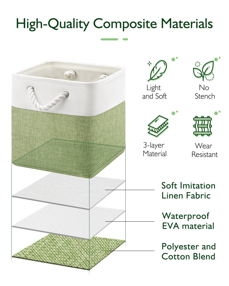 Patvingot 11 Inch Cube Storage Bins, 6 Pack Fabric Storage Cubes with Rope Handles, Organizer Baskets for Closet Shelves, Clothes and Home Organization(White/Green) - Image 3