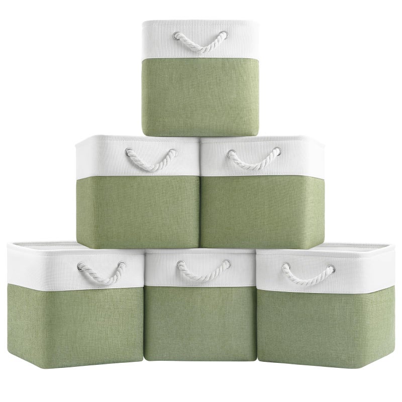 Patvingot 11 Inch Cube Storage Bins, 6 Pack Fabric Storage Cubes with Rope Handles, Organizer Baskets for Closet Shelves, Clothes and Home Organization(White/Green) - Image 1