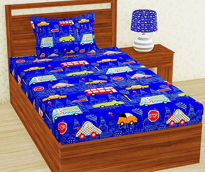 KAWI Single Bedsheet Elastic Fitted Glace Cotton with 1 Pillow Cover,200 TC (Size 72X48X up to 8 Inches Mattress) - Blue Color - Image 1