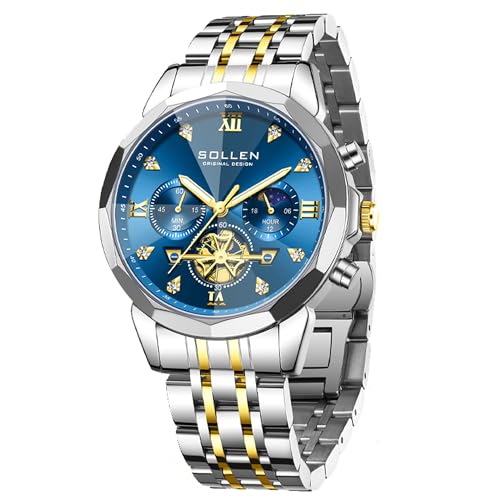 SOLLEN Mens Luxury Watches, Analog Quartz Chronograph Watches for Men, Stainless Steel Watch with Moon Phase, 30M Waterproof Wrist Watch for Men,Business Dress Classic Elegant Work Watch Gifts for Man - Image 1
