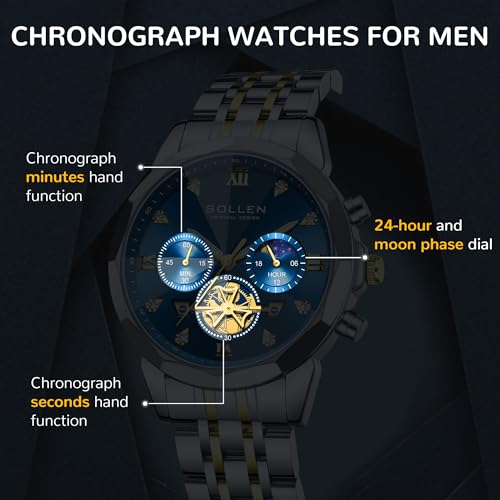 SOLLEN Mens Luxury Watches, Analog Quartz Chronograph Watches for Men, Stainless Steel Watch with Moon Phase, 30M Waterproof Wrist Watch for Men,Business Dress Classic Elegant Work Watch Gifts for Man - Image 4