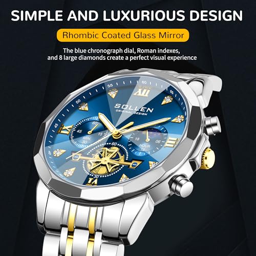 SOLLEN Mens Luxury Watches, Analog Quartz Chronograph Watches for Men, Stainless Steel Watch with Moon Phase, 30M Waterproof Wrist Watch for Men,Business Dress Classic Elegant Work Watch Gifts for Man - Image 3