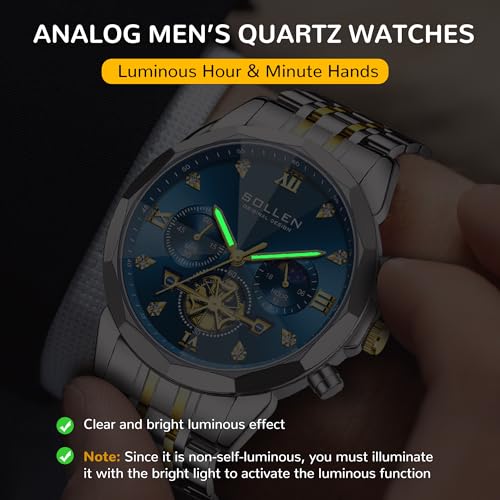 SOLLEN Mens Luxury Watches, Analog Quartz Chronograph Watches for Men, Stainless Steel Watch with Moon Phase, 30M Waterproof Wrist Watch for Men,Business Dress Classic Elegant Work Watch Gifts for Man - Image 5