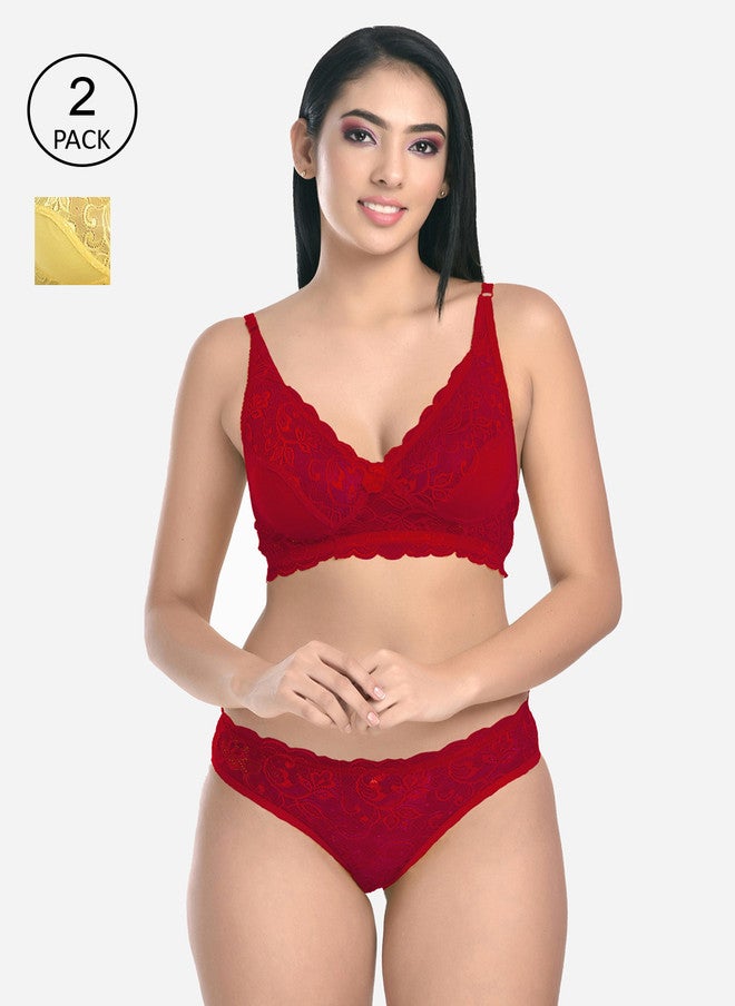 FIMS Women Pack of 2 Red Lace Lingerie Set - Image 1