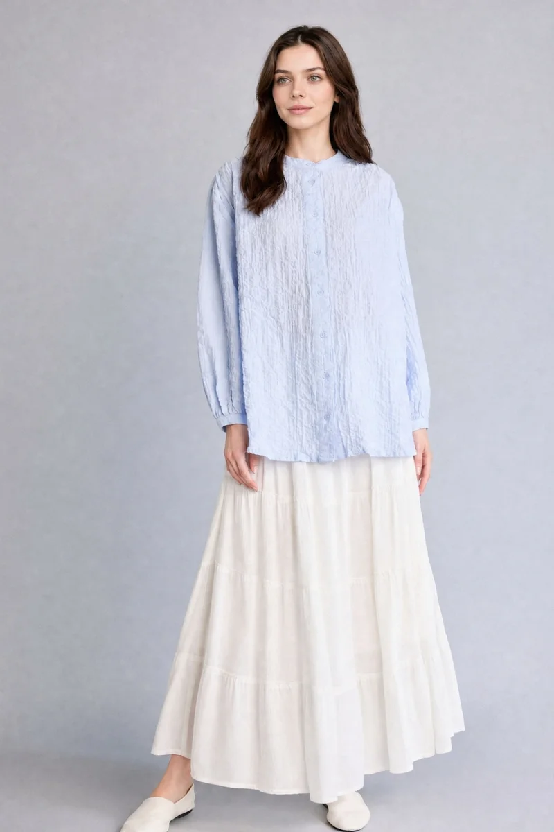 ديفاكتو Relax Fit Crew Neck Waffle Textured Light Blue Tunic