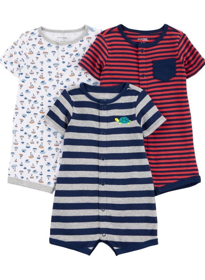 Simple Joys by Carter's Baby Boys' 3-Pack Snap-up Rompers, Grey Stripes/Red Mini Stripes/White Sailboats, 0 Months (Pack of 3) - Image 1