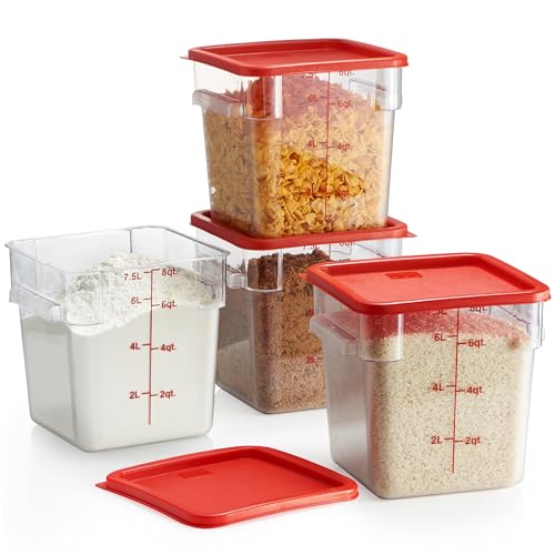 CURTA 4 Pack Food Storage Container with Red Lid - NSF Listed Commercial Grade in 8.0 Qt - Square, Clear, Polycarbonate - Image 1