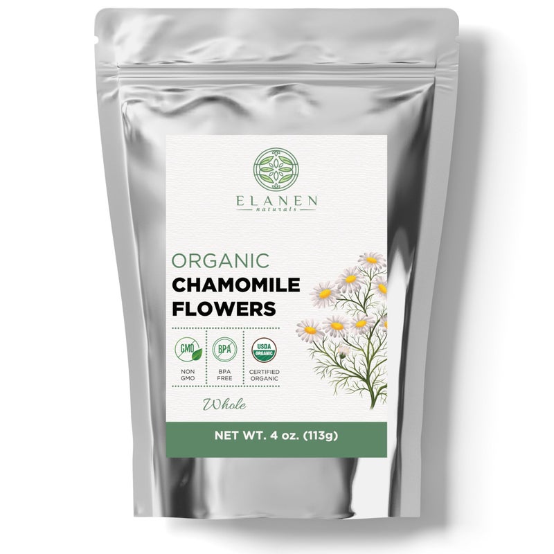 Elanen Naturals Organic Chamomile Flowers 4 oz. (113g), USDA Certified Organic Camomile Manzanilla Tea Loose Leaf, German Chomomile Golden Chamomeal Herb, Whole - Image 1