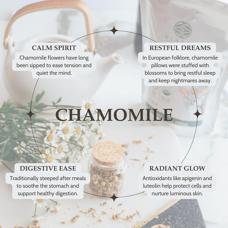 Elanen Naturals Organic Chamomile Flowers 4 oz. (113g), USDA Certified Organic Camomile Manzanilla Tea Loose Leaf, German Chomomile Golden Chamomeal Herb, Whole - Image 3