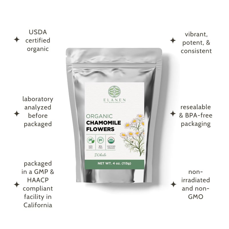 Elanen Naturals Organic Chamomile Flowers 4 oz. (113g), USDA Certified Organic Camomile Manzanilla Tea Loose Leaf, German Chomomile Golden Chamomeal Herb, Whole - Image 4
