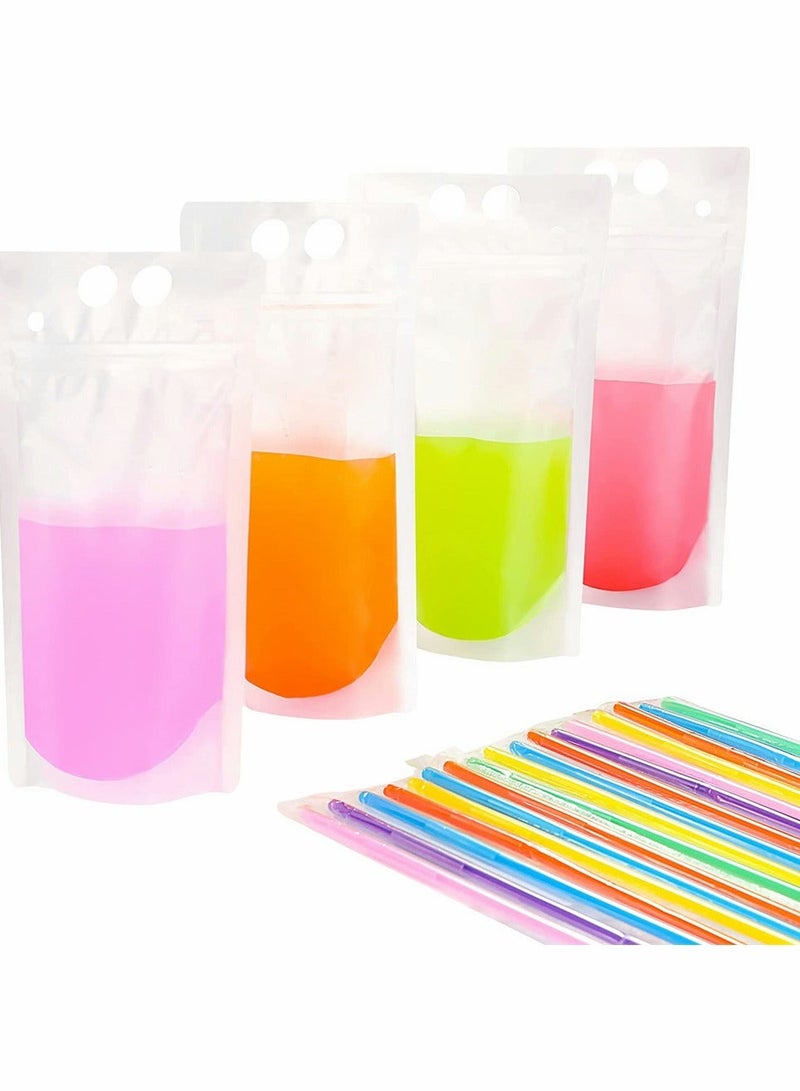 XiuWoo 50 PCS Stand-Up Plastic Drink Pouches Bags with Straws, Heavy Duty Hand-Held Translucent Reclosable Ice Bag, Non-Toxic, for Smoothie, Cold and Hot Drinks, Party Beverage  - Image 1