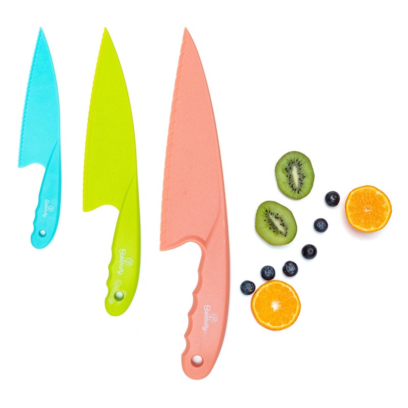 Baketivity 3 Piece Kids Knife Set | Plastic Kids Safe Knives for Kitchen | Toddler Knife Set for Real Cooking | Dishwasher Safe, Kid Friendly Safe Knives Set for Cutting Fruits, Veggies, Cakes - Image 1