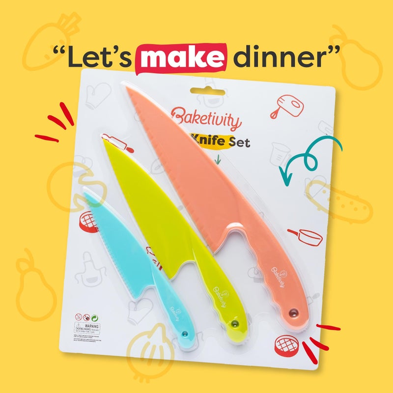 Baketivity 3 Piece Kids Knife Set | Plastic Kids Safe Knives for Kitchen | Toddler Knife Set for Real Cooking | Dishwasher Safe, Kid Friendly Safe Knives Set for Cutting Fruits, Veggies, Cakes - Image 2