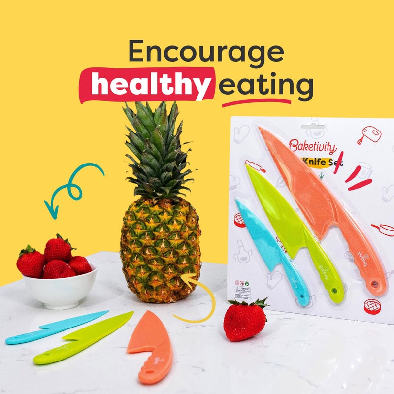 Baketivity 3 Piece Kids Knife Set | Plastic Kids Safe Knives for Kitchen | Toddler Knife Set for Real Cooking | Dishwasher Safe, Kid Friendly Safe Knives Set for Cutting Fruits, Veggies, Cakes - Image 4