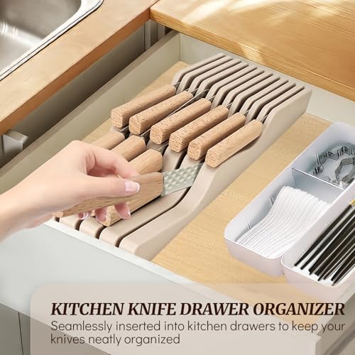 RETROSOHOO Knife Block Set, 12 Pieces Kitchen Knife Set with In-drawer Knife Block, Stainless Steel Knife Set with 6PCS Steak Knives, Ultra Sharp Non-stick Coating Chef Knife Set,Drawer Knife Organizer (Khaki) - Image 4