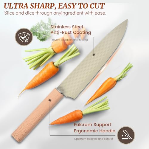 RETROSOHOO Knife Block Set, 12 Pieces Kitchen Knife Set with In-drawer Knife Block, Stainless Steel Knife Set with 6PCS Steak Knives, Ultra Sharp Non-stick Coating Chef Knife Set,Drawer Knife Organizer (Khaki) - Image 2