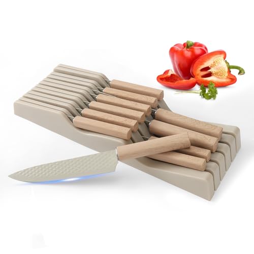 RETROSOHOO Knife Block Set, 12 Pieces Kitchen Knife Set with In-drawer Knife Block, Stainless Steel Knife Set with 6PCS Steak Knives, Ultra Sharp Non-stick Coating Chef Knife Set,Drawer Knife Organizer (Khaki) - Image 1