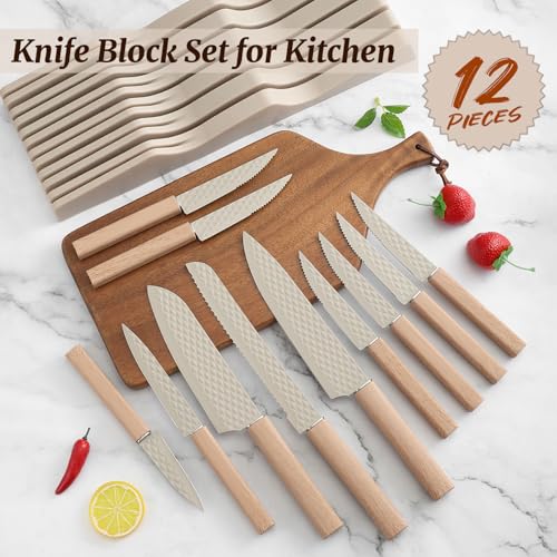 RETROSOHOO Knife Block Set, 12 Pieces Kitchen Knife Set with In-drawer Knife Block, Stainless Steel Knife Set with 6PCS Steak Knives, Ultra Sharp Non-stick Coating Chef Knife Set,Drawer Knife Organizer (Khaki) - Image 3