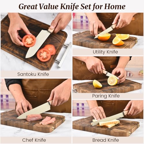 RETROSOHOO Knife Block Set, 12 Pieces Kitchen Knife Set with In-drawer Knife Block, Stainless Steel Knife Set with 6PCS Steak Knives, Ultra Sharp Non-stick Coating Chef Knife Set,Drawer Knife Organizer (Khaki) - Image 5