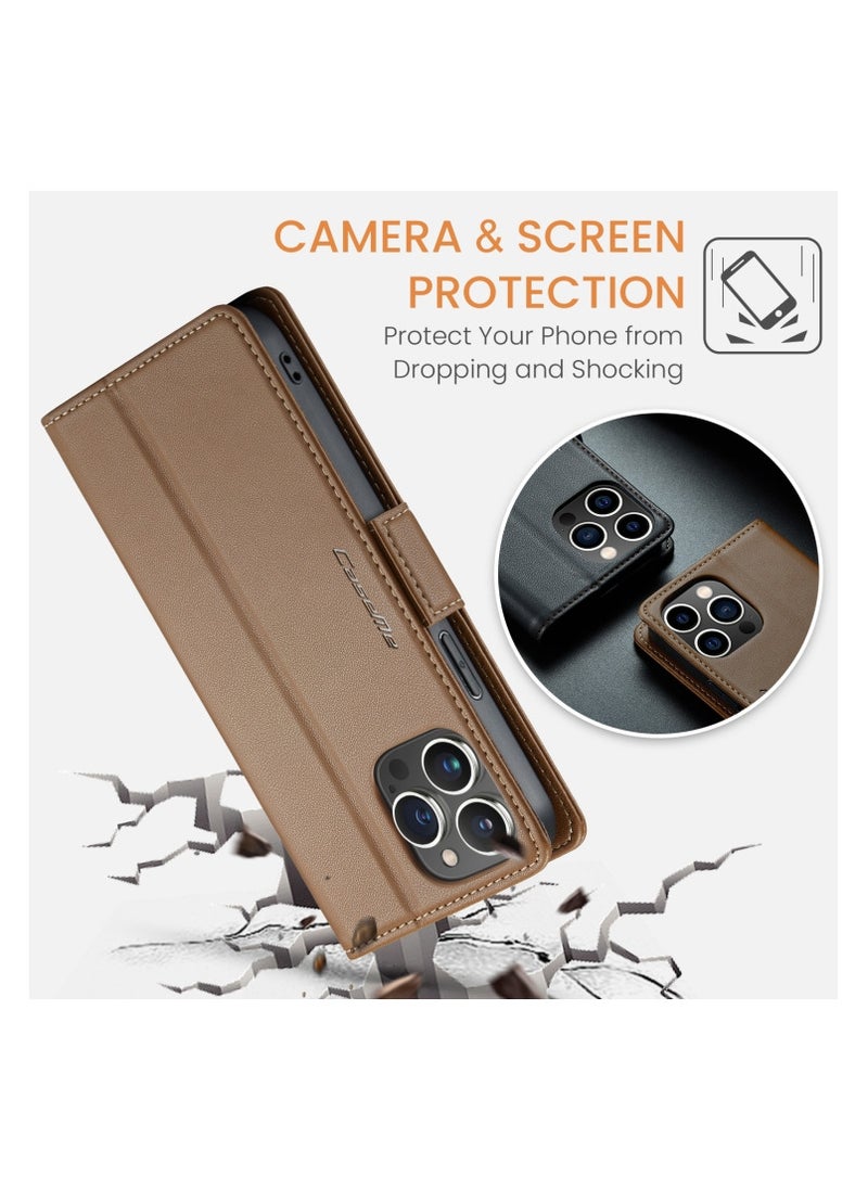 Flip Wallet Case For iPhone 15 Pro Max [RFID Blocking] PU Leather Wallet Flip Folio Case with Card Holder Kickstand Shockproof Phone Cover (Brown)