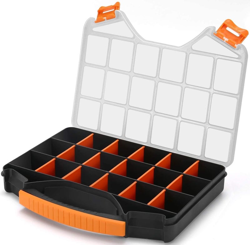Massca Hardware Organizer box with dividers - 18 Compartments Small Parts Organizer with Accessible Hinged Lid - Durable Plastic Screw Organizer Store Nuts, Bolts, Screws, Nails, & Small Hardware - Image 1