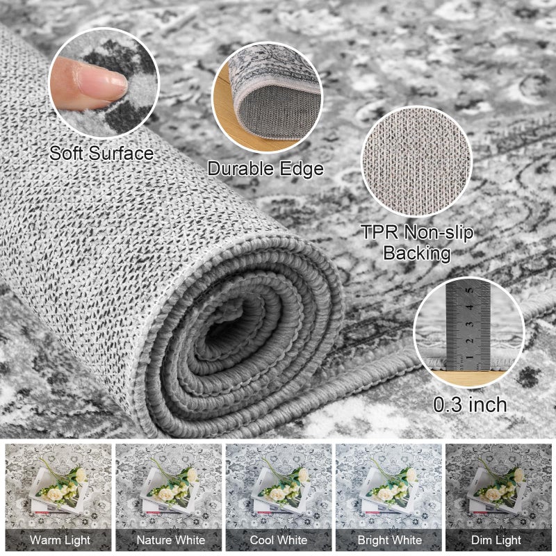 Flagover 4x6 Grey Washable Boho Area Rug for Bedroom, Vintage Floral Non Slip Living Room Rugs, Soft Low Pile Indoor Mat, Aesthetic Pattern Carpet for Kitchen, Dining Room and Bedside - Image 4