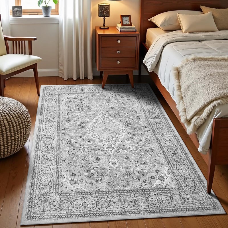 Flagover 4x6 Grey Washable Boho Area Rug for Bedroom, Vintage Floral Non Slip Living Room Rugs, Soft Low Pile Indoor Mat, Aesthetic Pattern Carpet for Kitchen, Dining Room and Bedside - Image 2