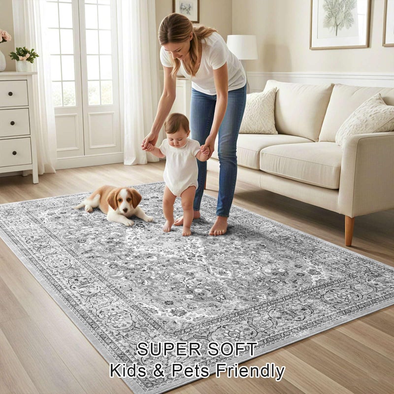 Flagover 4x6 Grey Washable Boho Area Rug for Bedroom, Vintage Floral Non Slip Living Room Rugs, Soft Low Pile Indoor Mat, Aesthetic Pattern Carpet for Kitchen, Dining Room and Bedside - Image 5