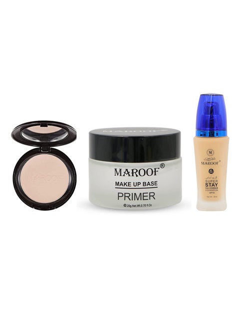 MAROOF Makeup Base Primer With Face Powder And SPF30 Liquid Foundation Combo Multicolour Pack of 3
