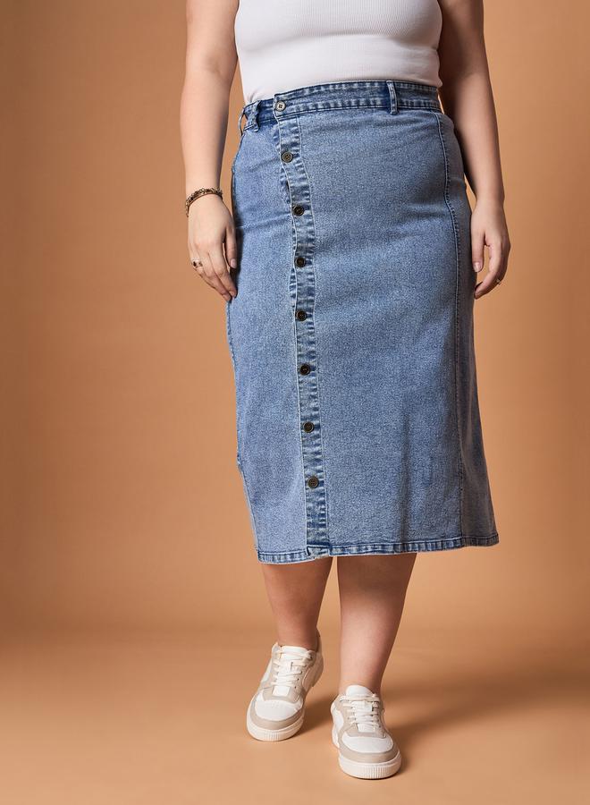 SASSAFRAS Plus Size Acid Wash Midi Skirt with Side Button Details - Image 1