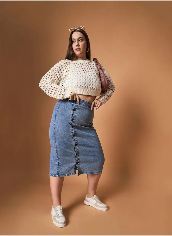 SASSAFRAS Plus Size Acid Wash Midi Skirt with Side Button Details by Styli