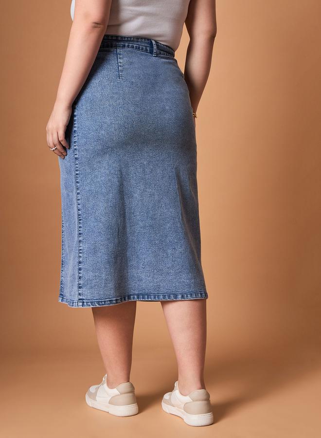 SASSAFRAS Plus Size Acid Wash Midi Skirt with Side Button Details - Image 5