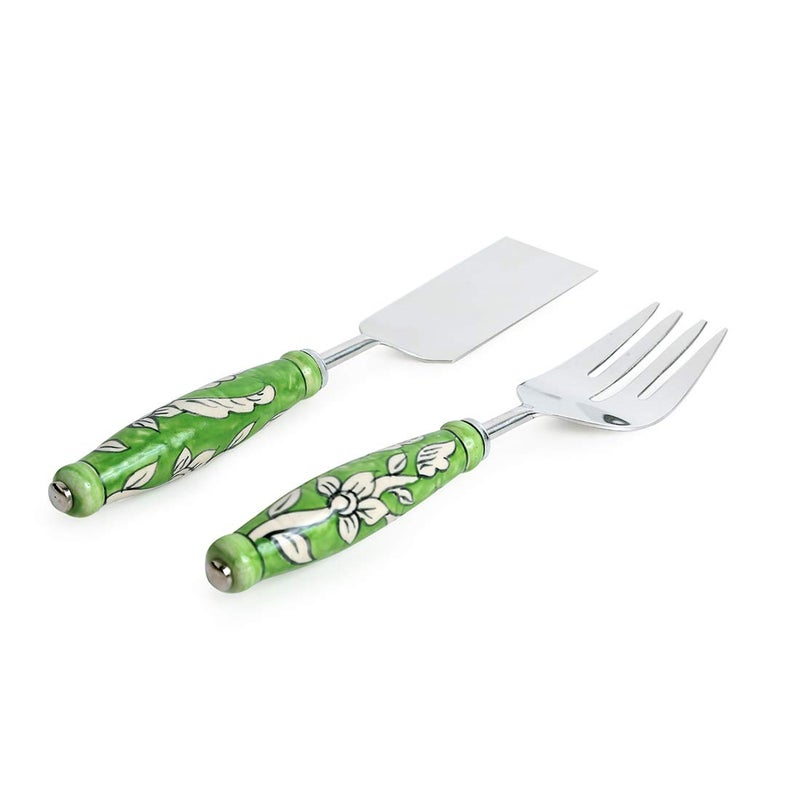 ExclusiveLane ExclusiveLane The Mughal Zahri HandPainted Stainless Steel Ceramic Serving Fork Cake Scraper Set of 2 Pasta Salad Server Noodle Serving Spoons for Kitchen Cake Cutter Slicer Tool Serveware  - Image 2